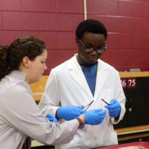 A man with a stethoscope looks down at a patient while a teenage boy holds the patient’s wrist taking the pulse.