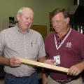 Mississippi Representative Ken Morgan of Marion County, left, examines a wood product held by Dan Seale, a professor of sustainable bioproducts at the R.T. Clapp Forest Products Lab at Mississippi State University. Morgan and other members of Senate and House agricultural committees visited MSU on Oct. 18 and 19, 2016. (Photo by MSU Extension Service/Kevin Hudson)