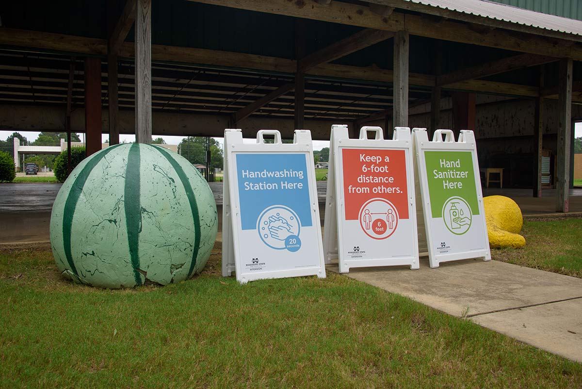 Three signs with “Handwashing Station Here,” “Keep a 6-foot distance from others,” and "Hand Sanitizer Here” next to a large watermelon sculpture.