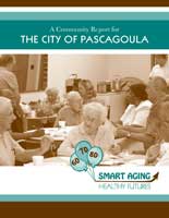 Advertisement for the city of Pascagoula with a group of women discussing at a table.