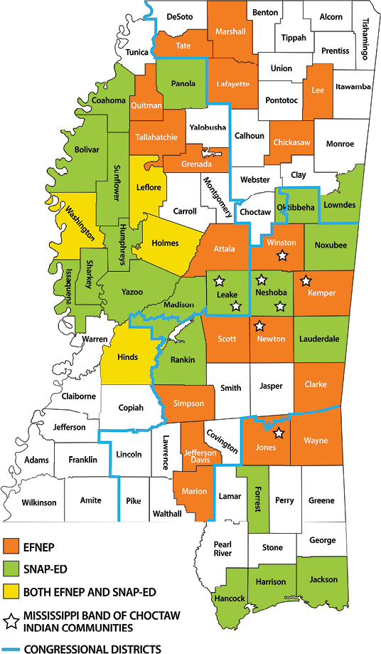 Mississippi map showing relevant programs. EFNEP is in the following counties: Marshall, Tate, Lafayette, Lee, Chickasaw, Quitman, Tallahatchie, Grenada, Attala, Winston (includes MBCI communities), Kemper (includes MBCI communities), Newton (includes MBCI communities), Clark, Simpson, Scott, Jefferson Davis, Marion, Jones (includes MBCI communities), and Wayne. SNAP-Ed is in these counties: Panola, Coahoma, Bolivar, Sunflower, Humphreys, Sharkey, Issaquena, Yazoo, Madison, Leake (includes Mississippi Band of Choctaw Indian communities), Oktibbeha, Lowndes, Noxubee, Neshoba (includes MBCI communities), Lauderdale, Rankin, Forrest, Hancock, Harrison, and Jackson. Both EFNEP and SNAP-Ed are in these counties: Washington, Leflore, Holmes, and Hinds. Congressional districts are outlined, showing that programs are available in all four districts. 