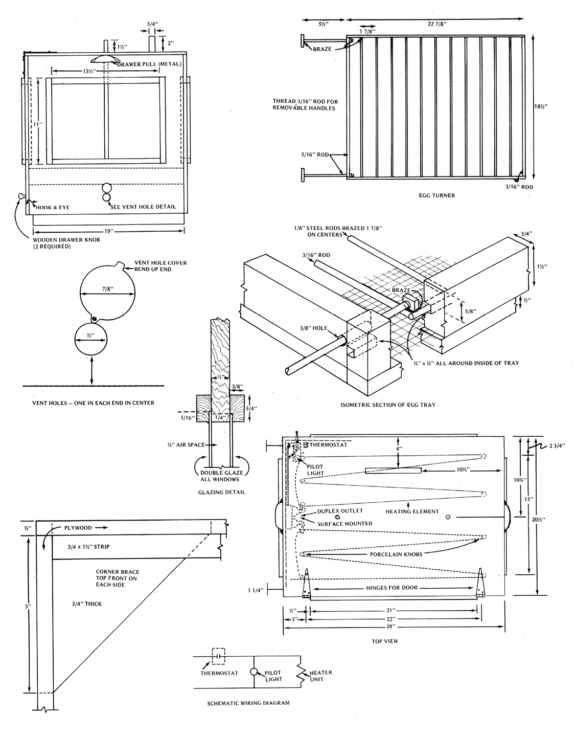 Building plans and specific measurements for the plywood incubator.