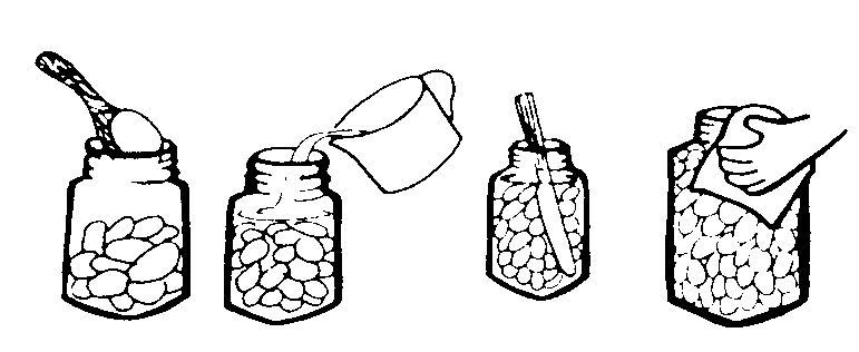 Step 1. Pack the food into the jar. Step 2. Add boiling water. Step 3. Use utensil to get rid of as many bubbles as possible. Step 4. Affix the lid and secure.