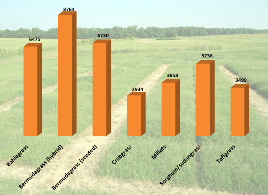 Bahiagrass, 6475; bermudagrass (hybrid), 8764; bermudagrass (seeded), 6730; crabgrass, 2934; millets, 3858; sorghum/sudangrass, 5236; teffgrass, 3499.