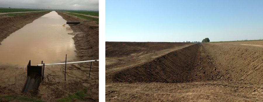 Left: A large ditch filled with water, with green cropland on either side. Right: A large dirt ditch. 