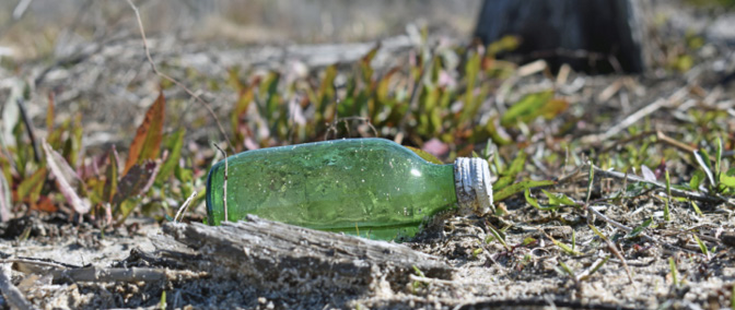 A discarded green bottle on dirt and grass.