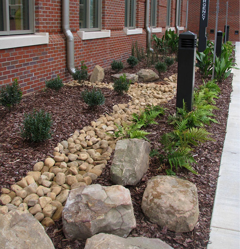 Landscaping next to a large, brick building. The bed is filled with mulch and has a center lane filled with ornamental rocks. The rock lane goes from below the gutter downspout connected to the building into the center of the bed. Water drains onto the rock lane, where it is directed down a pipe to a basin.