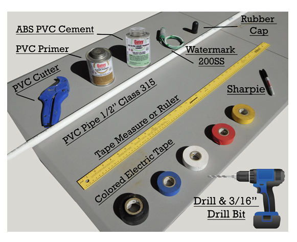 Tools and supplies needed: PVC cutter, PVC primer, ABS PVC cement, Watermark 200SS, rubber cap, half-inch class 315 PVC pipe, tape measure or ruler, five colors of electric tape, Sharpie, drill and three-sixteenths-inch drill bit.