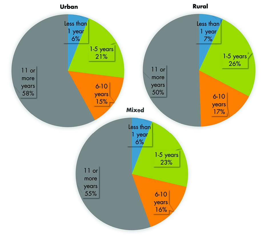 See table: Comparison of share of establishments by age group in rural, urban, and mixed areas.