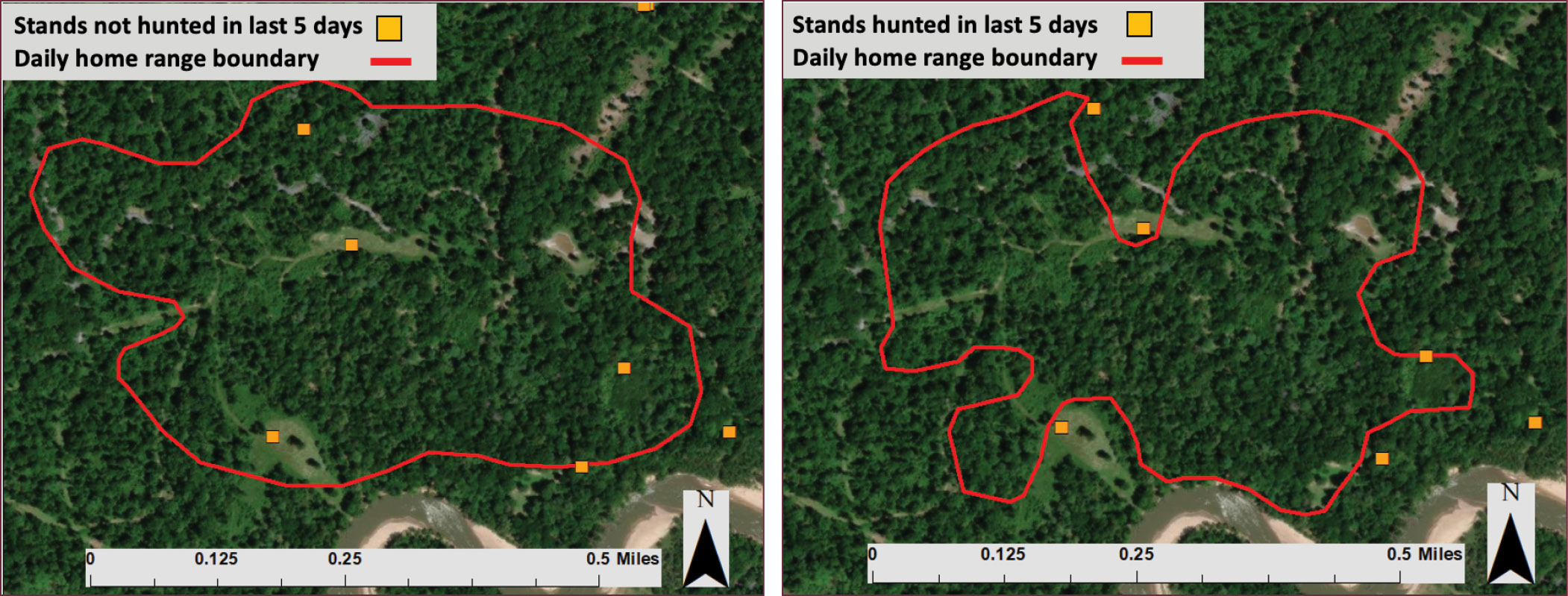 Aerial views of landscape showing a theoretical home range of a buck which will either include hunting stands if rarely hunted, or exclude hunting stands if frequently hunted.