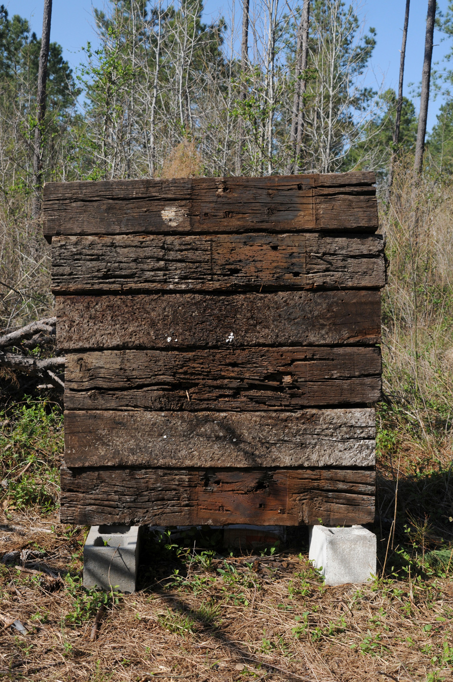 In a clearing is a completed backstop. The brown crossties are on cinder blocks with trees in the background.