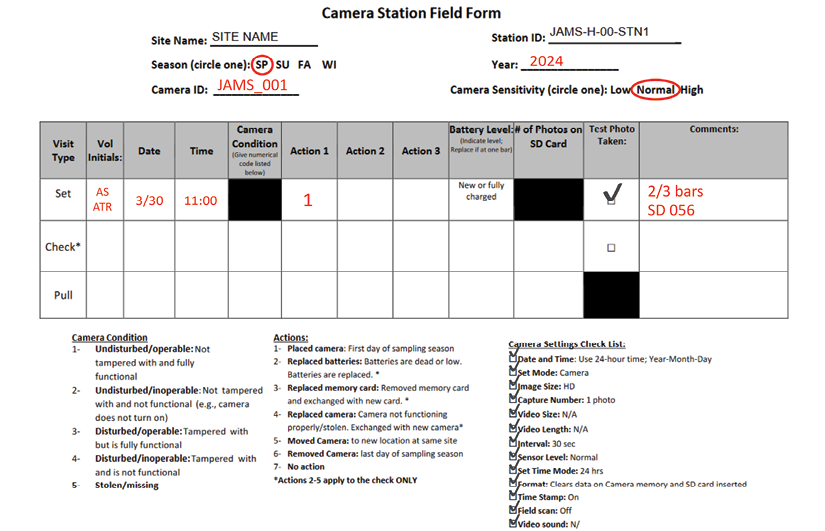 A filled out form for the first (set) visit, showing the site name, season, camera and station ID, year, camera settings, visit type, volunteer initials, date, time, actions, battery level, test photo status, and comments.