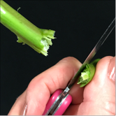 A woman holding a knife and a stem that has a ragged cut due to bending the stem over the knife.