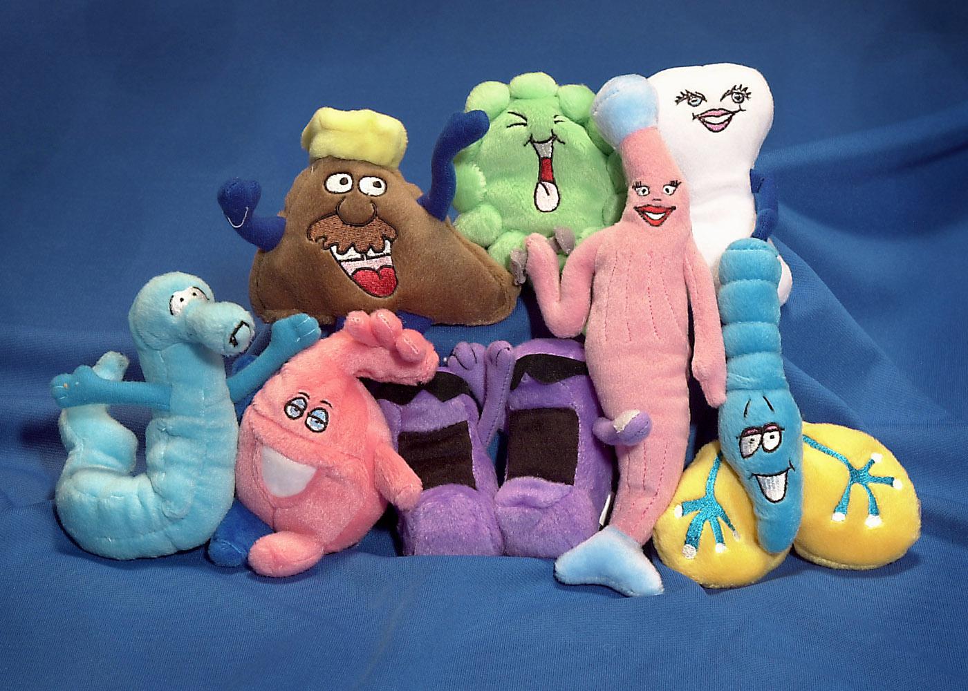 The OrganWise Guys help teach children the basics of human physiology and how the body responds to different foods and lifestyles. They feature characters (front row, from left) Peri Stolic, the intestines; Hardy Heart; the Kidney Brothers; Madame Muscle; Windy, the lungs; (back row, from left) Luigi Liver, Peter Pancreas and Calci M. Bone. Together with two additional characters -- Sir Rebrum, the brain and Pepto, the stomach -- they teach children four rules for healthy living: low fat, high fiber, lots o