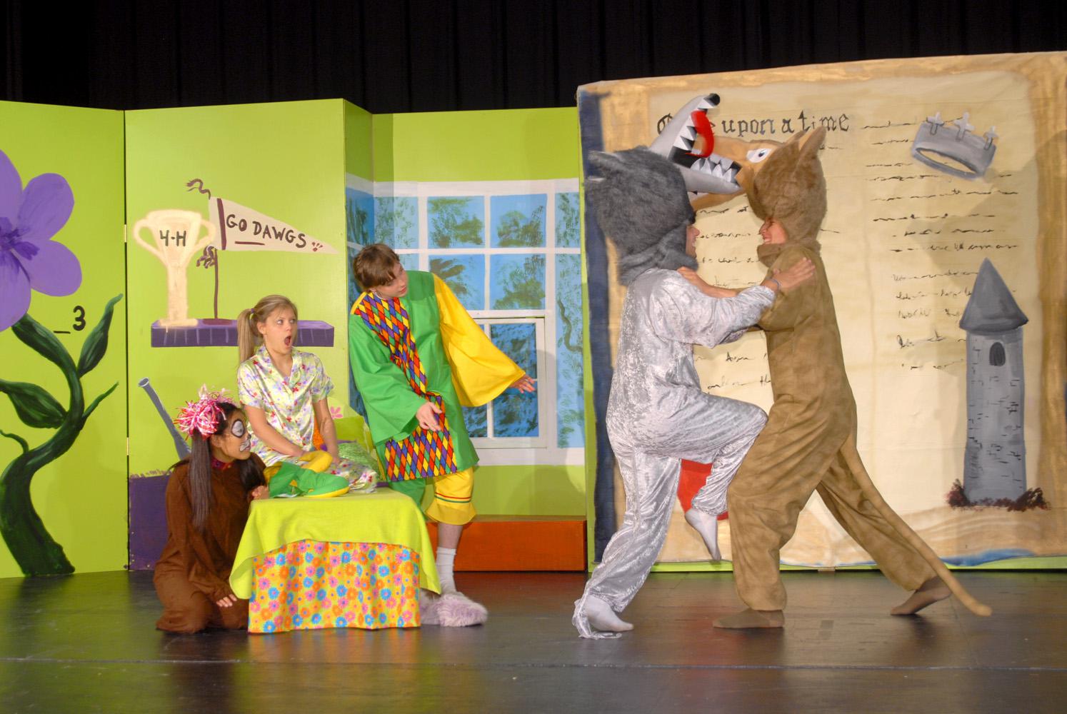 Performers of "Sarah and the Magical Mix Up" include from left, Hope Cruse of Saltillo as the puppy, Lindsey Bouchillon of Tupelo as Sarah, Nathan Taylor of Pontotoc as the jester, J.P. Whitlock of Iuka as the grey wolf and Nick Simmons of Saltillo as the brown wolf.