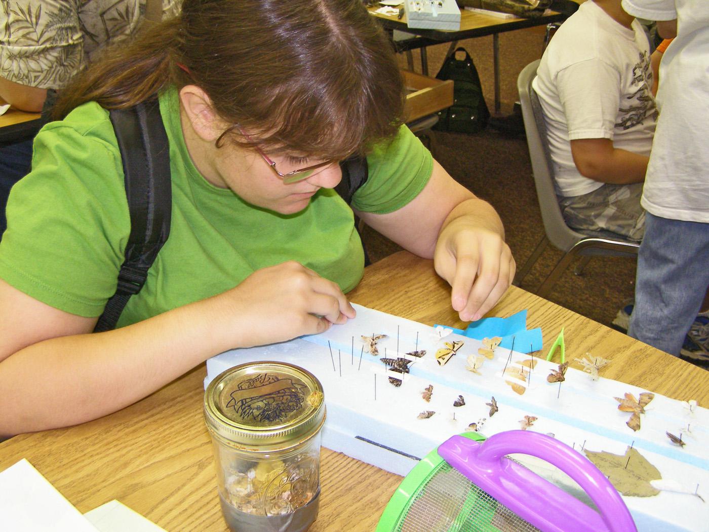 Deanna Lyle, of Aberdeen, uses pins and a spreading board to dry specimens for her insect collection. Lyle, who plans to be an entomologist, attended Mississippi State University's annual 4-H Entomology and Horticulture Camp in 2008. (Photo by MSU Wildlife and Fisheries/John Guyton)