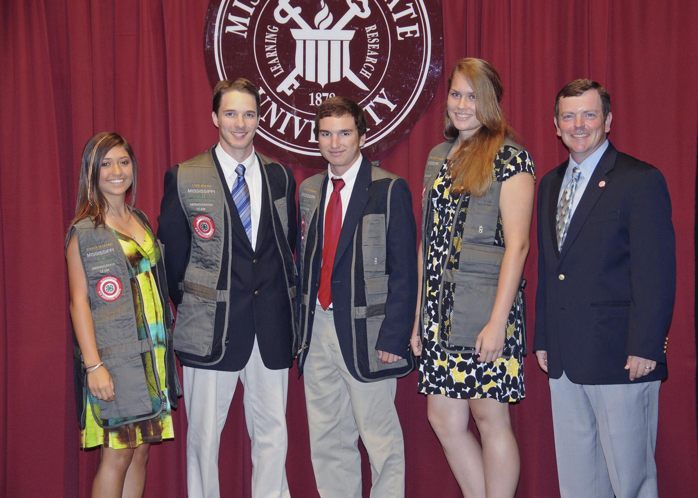 Members of the inaugural team of 4-H shooting sports ambassadors, who were chosen to represent Mississippi at local, state and national events, finish their first year of service this month. From left, Jessica Tedford of Bolivar County; Luke South of Tishomingo County; Logan Raines of Union County; Grace Raymond of Madison County; and John Long, state 4-H shooting sports coordinator. (Photo by MSU Ag Communications/Scott Corey)