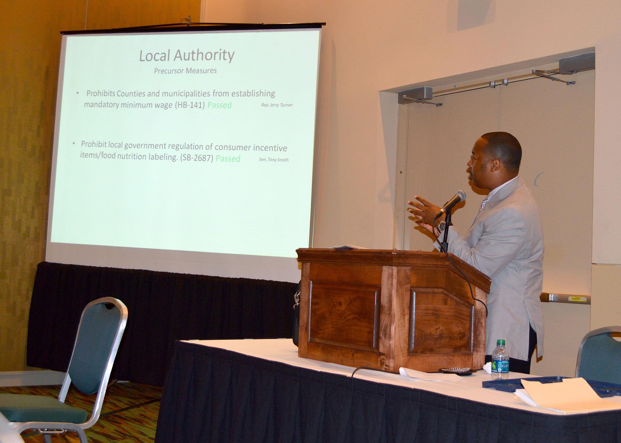 Steve Gray, director of governmental affairs for the Mississippi Association of Supervisors, updates supervisors on 2013 legislation during the association's annual conference. The Mississippi State University Extension Center for Government and Community Development coordinated educational sessions at the conference. (Photo by MSU Extension Center for Government and Community Development/Bob Ratliff)