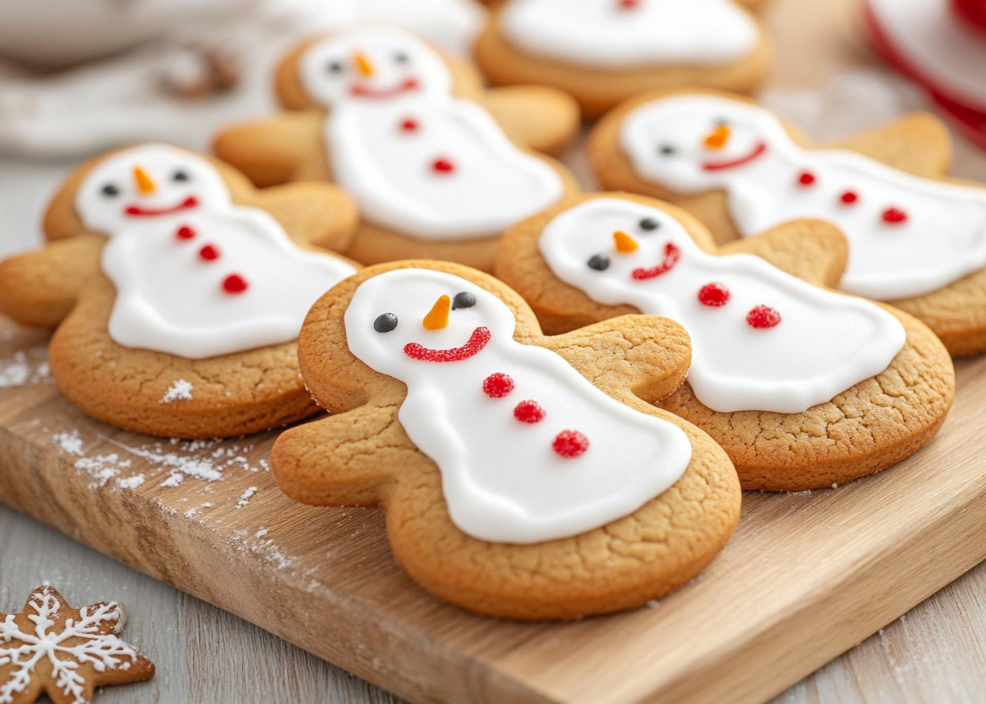 Snowman christmas cookies on wood cutting board