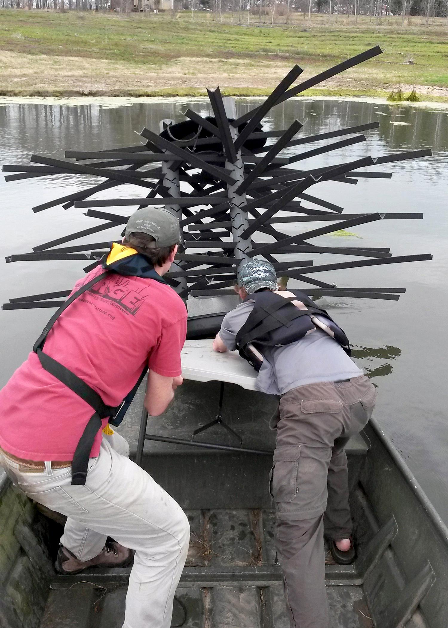 Mississippi State University students Jason Bies, left, and Clint Lloyd install an artificial, commercially-available fish habitat at Blackjack Pond on the MSU campus. (Photo by MSU Extension Service/Wes Neal)