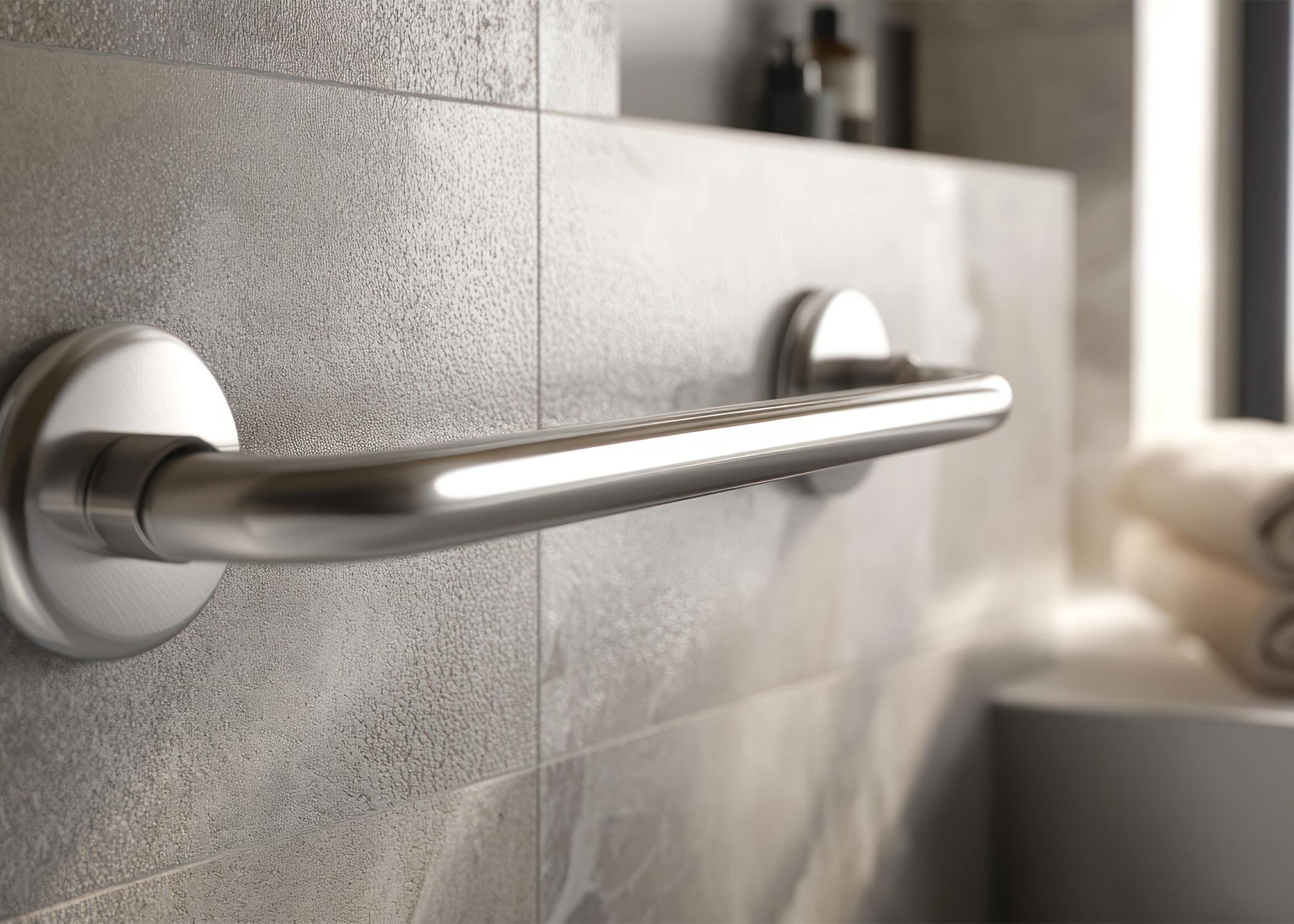 Closeup of stainless steel safety grab bar in a bathroom.