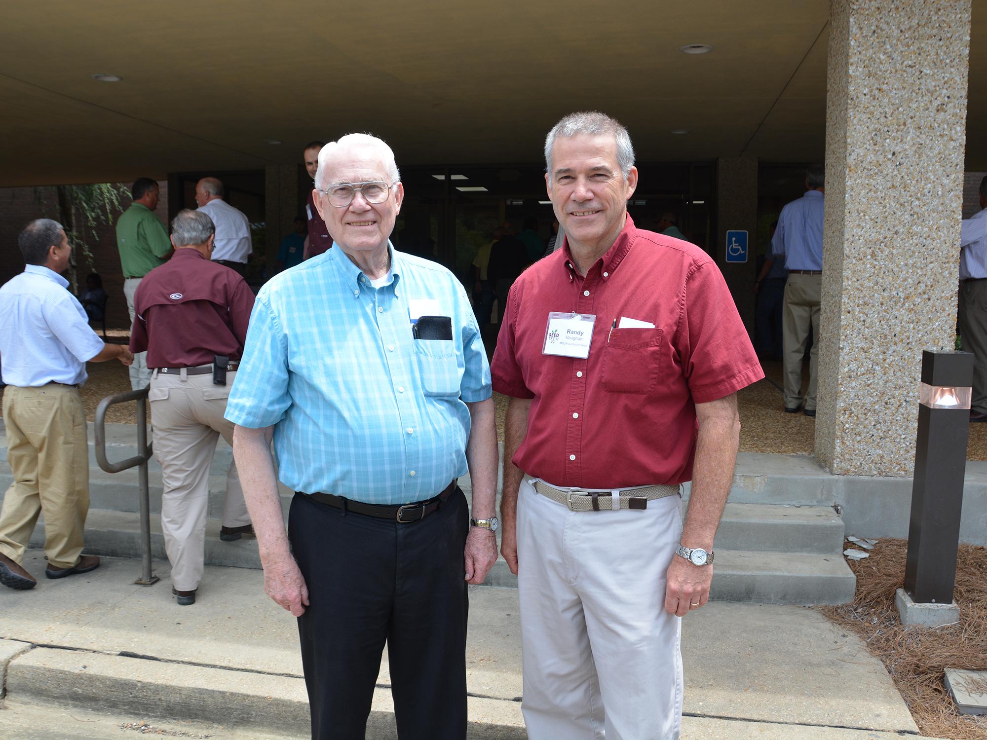 Charles Vaughan (left), retired professor of seed technology at Mississippi State University, joined his son, Randy Vaughan, and others participants at the 2015 Seed Technology Short Course, held at MSU in Starkville, Mississippi. Randy Vaughan serves as the assistant director of research support units, primarily the Foundation Seed Program with the Mississippi Agricultural and Forestry Experiment Station. (Photo by MSU Extension Service/Linda Breazeale)