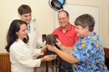 Tayson receives some tender care after reuniting with his caregivers. From left are Dr. Katie Mullins, Dr. Cory Fisher, Tommy Walker and animal technician Lisa Chrestman. (Photos by Tom Thompson)