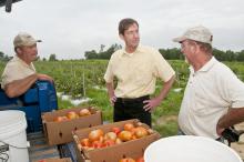 Mississippi State University vice president Greg Bohach, center, gives a listening ear to farming issues important to James Earnest, left, and Doil Moore, owners of Prospect Produce Farm in Chickasaw County. Bohach, MSU vice president for agriculture, forestry and veterinary medicine, visited several farms to hear firsthand reports of how MSU is helping farmers and how the division can help them more in the future. (Photo by Scott Corey)