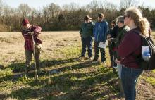 Rachel Stout Evans, a soil scientist with the Natural Resources Conservation Service, takes soil samples on Feb. 1, 2013, at the newly established Mississippi State University student farm to show students how soil types drive decision-making for land use. (Photo by MSU Ag Communications/Scott Corey).