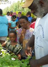 David Williams, right, gives Moshe Catchings and Baruch Catchings, center, sunflower seedlings to plant. Mississippi State University Truck Crops Experiment Station employees gave a short lesson on photosynthesis and plant nutrition to about 80 kids enrolled in the Crystal Springs Public Library summer reading program. (Photo by MSU Ag Communications/Susan Collins-Smith)