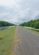 Gray pavement proceeds to the horizon bordered by a grass strip and then water to the tree line on both sides.