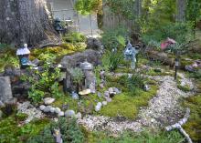 A pea gravel trail surrounds a miniature fairy village under a tree.