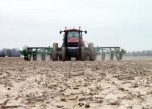 Like jets lining up on a runway, Mississippi growers are ready to take off and resume their planting as soon as the weather allows. Shaifer Bell of Huddleston Planting Co. is at the controls of this tractor as he plants corn near Metcalfe, Mississippi, on March 30, 2016. (Photo by MSU Delta Research and Extension Center Communication Department)