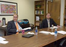 U.S. Congressman Trent Kelly, left, who serves on the House Committee on Agriculture, met with Greg Bohach, vice president of the Mississippi State University Division of Agriculture, Forestry and Veterinary Medicine, and other division experts on Aug. 28, 2015, to discuss critical agricultural and economic issues. (Photo by MSU Ag Communications/Kevin Hudson)