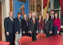 U.S. Sen. Thad Cochran, center, celebrates the establishment of the Thad Cochran Agricultural Leadership Program, a collaboration between the Mississippi State University Extension Service and Mississippi Farm Bureau. Joining him are, from left: MSU President Mark Keenum, Farm Bureau Young Farmer Committee members Jay and Kim Jayroe, MSU Division of Agriculture, Forestry and Veterinary Medicine Associate Vice President Bill Herndon, Sen. Cochran, MSU assistant Extension professor and program director Laura 