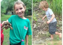 Children do not have to leave the city limits; they can explore nature in their own backyards. Eastern box turtles (left), which are native to Mississippi, are land dwellers and do not even need ponds to find friends who want to play. Getting dirty is half the fun for children exploring and playing in the great outdoors (right). Rain may drive families inside for a time, but they provide some great water features after the thunder and lightning have passed. (Photos by MSU Extension Service/Evan O’Donnell)