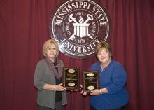 MSU staff were recently recognized for outstanding contributions by the College of Agriculture and Life Sciences and the Mississippi Agricultural and Forestry Experiment Station. Sharron Miles, left, administrative assistant in the Department of Agricultural and Biological Engineering, received the outstanding support staff award. Beth Hathcock, business manager in the Department of Plant and Soil Sciences, received the outstanding professional staff award.  (Photo by MSU Ag Communications/Kat Lawrence)