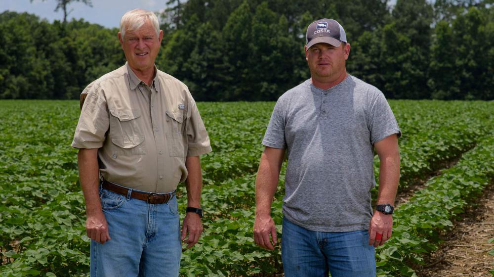 Two men standing in a row crop.
