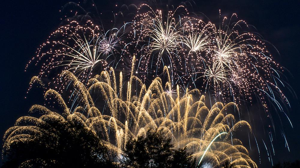 Fireworks explode in a night sky