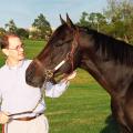 Dr. David Christiansen, a clinical instructor in Mississippi State University's College of Veterinary Medicine, holds Minister Slew, the grandson of Triple Crown winner Seattle Slew. The university is offering Minister Slew and four other stallions for stud services to horse breeders around the region. (Photo by Linda Breazeale, MSU Ag Communications )