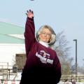 Bearden throws out the first pitch at the MSU baseball game February 26. She was honored for 50 years of service during MSU’s 132nd birthday celebration. (Photo by Scott Corey)