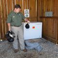 A man holds items in an open shed.