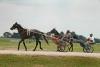 Harness drivers Floyd Bell of Starkville (left) and Henry McDonald of Louisville took their horses for a practice run over the Mississippi Horse Park's newly renovated race track. They were among participants at the track dedication ceremony. The 5/8-mile oval may be scheduled for practice on Tuesday evenings. The next race tentatively is planned for late September. (Photo by Bob Ratliff)