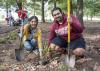 Landscape architecture graduate students Wanrong Tan from Shanghai, China, and Amer Mahaslin from Amman, Jordan, install plants along the Pilot Club Music Trail in McKee Park on Oct. 18, 2013. The Pilot Club Music Trail consists of playground versions of musical instruments for families to enjoy. (Photo by MSU Ag Communications/Scott Corey)